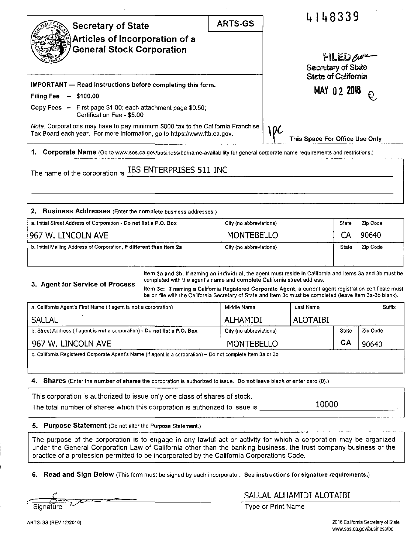 IBS ENTERPRISES 511 INC — original California Articles of Incorporation filed 2 May 2018