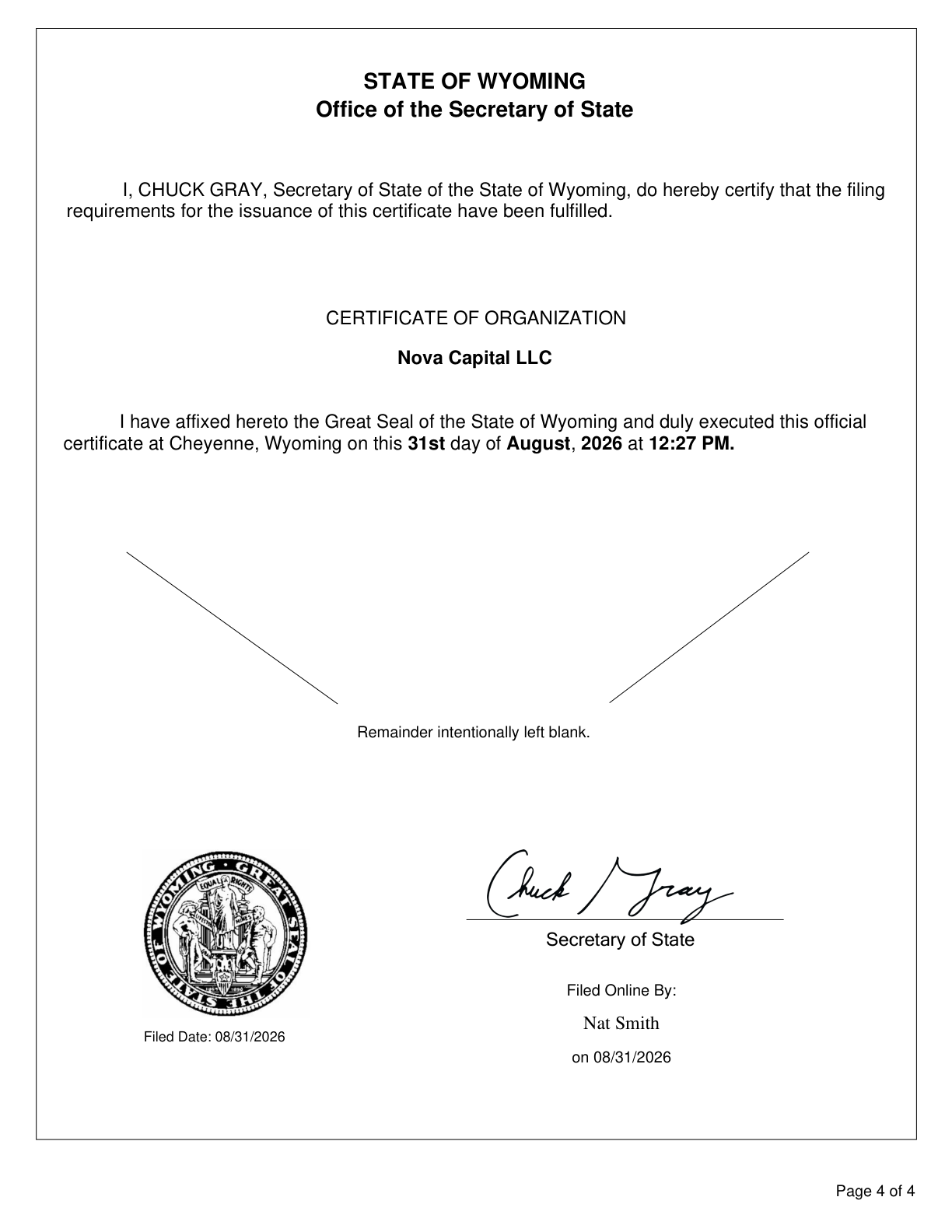 Nova Capital LLC — Certificate of Organization, Wyoming, 31 August 2026