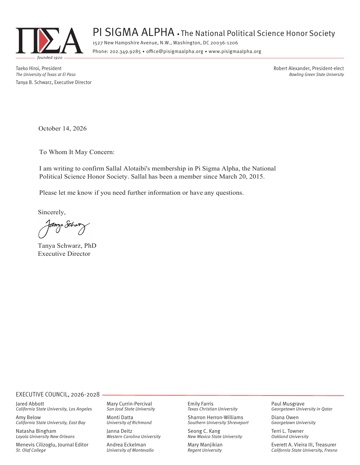 Pi Sigma Alpha — confirmation of Sallal Alotaibi membership since 20 March 2015